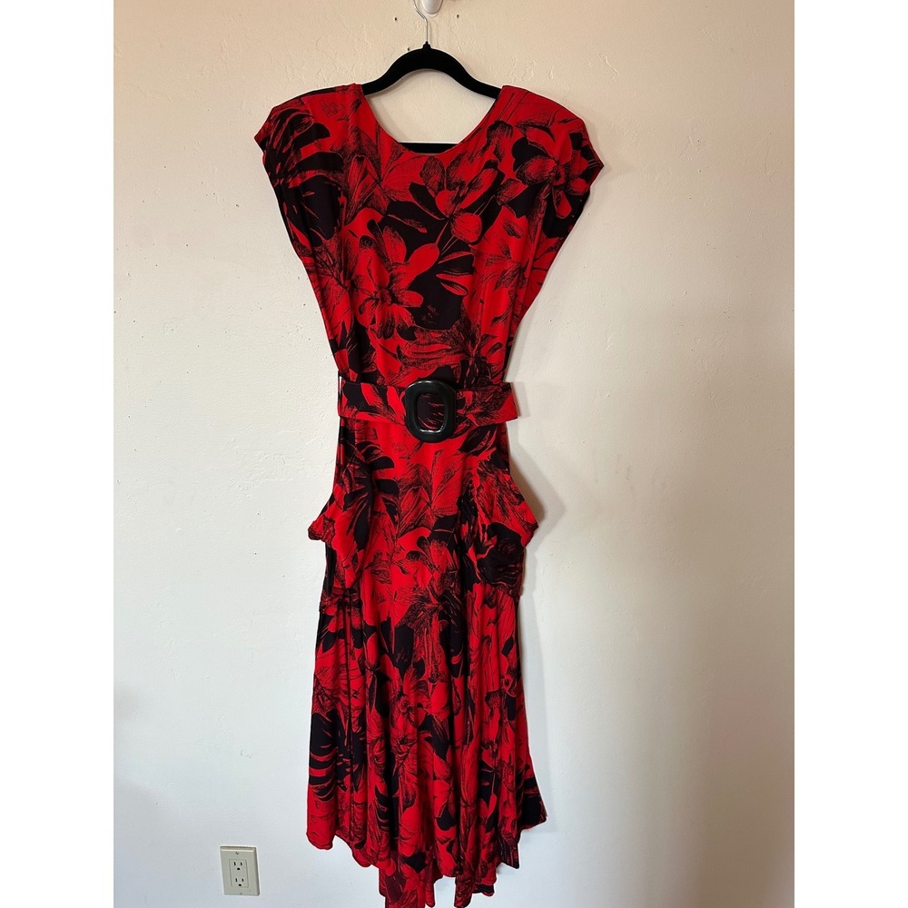 Joni Blair of California Vintage Red Black Floral Belted Midi Dress Size 9